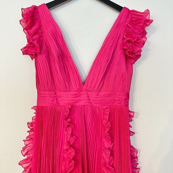 MAC DUGGAL Pleated Ruffle Cap Sleeve Chiffon Gown in Fuchsia Size US 8 - Picture 5 of 14